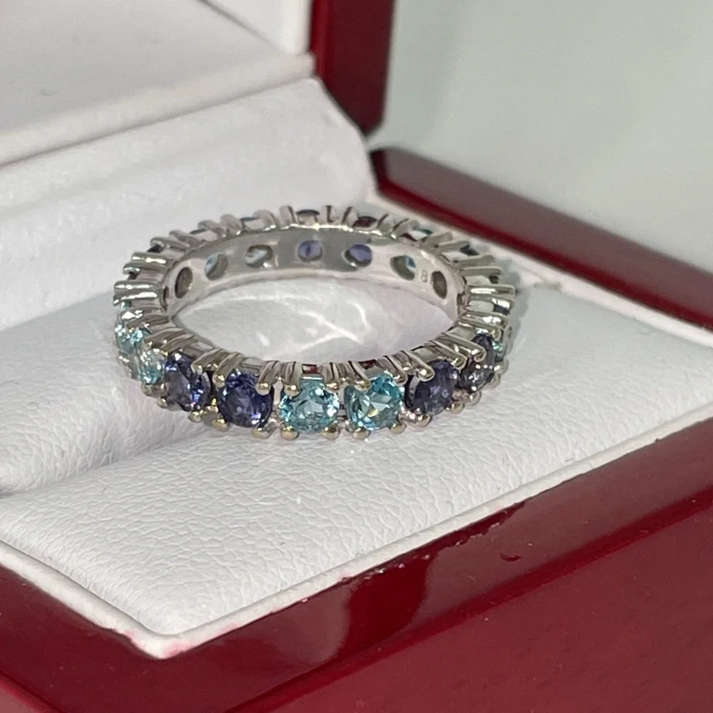 Solid 18K White Gold Eternity Band Ring (not 14K) Purple Blue Natural Gemstones